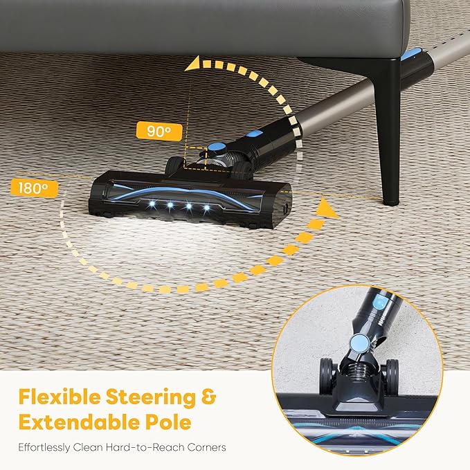OLIXIS Cordless Vacuum Cleaner with Flexible Steering & Extendable Pole,3 Brush Heads, Lightweight Wireless Rechargeable Upright Vacuum with LED Light & Wall Mount for Hardwood Floors & Carpet
