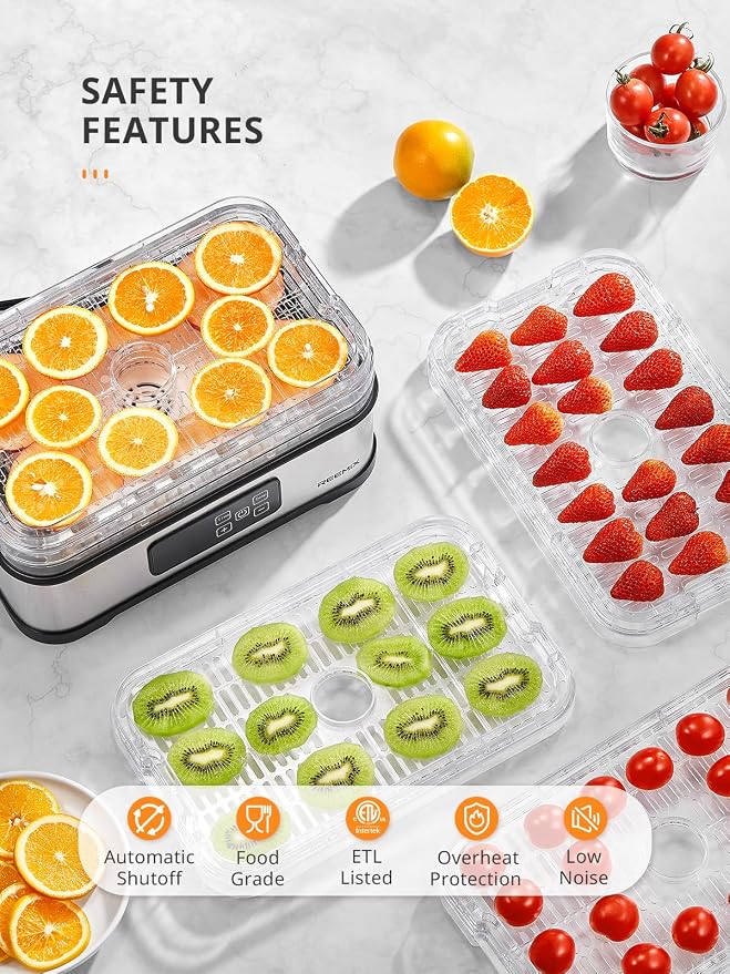 Reemix 5-Tier Compact Food Dehydrator - BPA-Free Trays, Stainless Steel Base, Touch Control LCD Display for Temperature/Time Adjustment, Home Use Dryer for Fruits, Veggies & Jerky