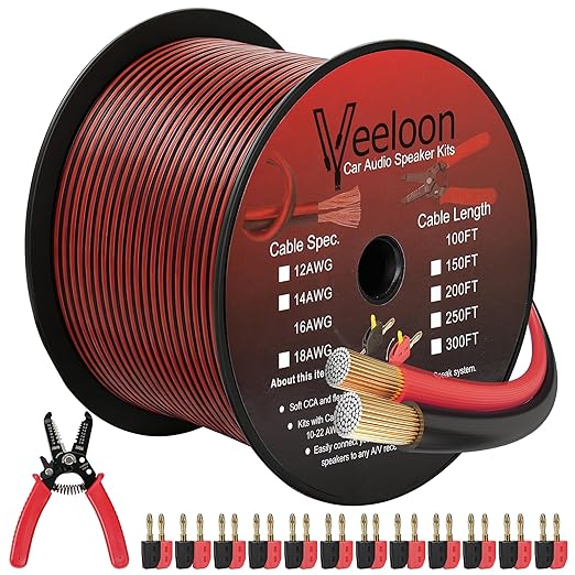 14AWG Speaker Wire 300 FT, 14/2 Gauge Audio Speaker Wire Kits with Cable Cutter Banana Plugs Tool, Polarity Marker, 2 Conductors Zipper Wire for Car Speakers Stereo, Home Theater, Surround Sound,CCA
