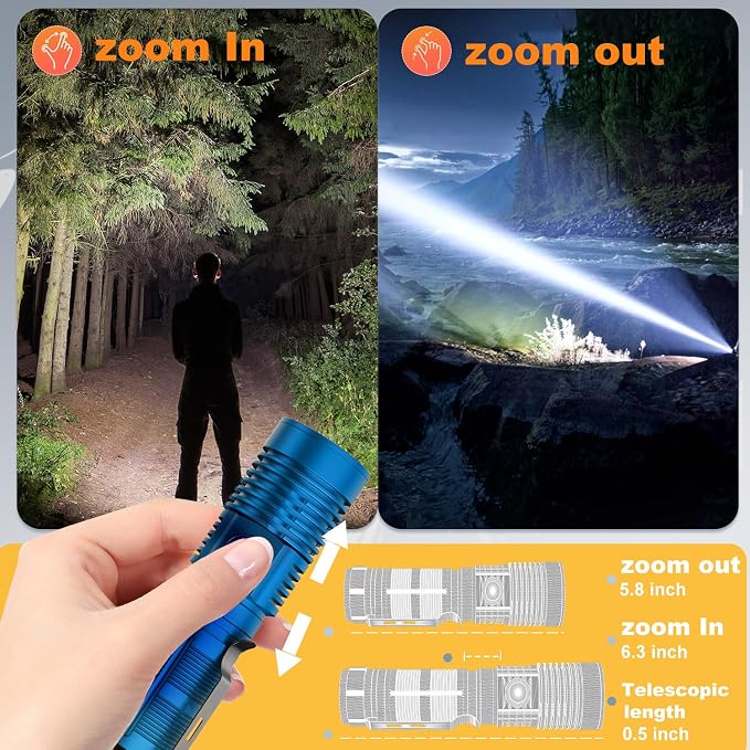 Hoxida Small Tactical Flashlights High Lumens - 1500 Meters Long Beam Super Bright LED Magnetic Flashlight USB Rechargeable Zoomable 5Modes Long Beam Spotlight Flashlight for Hiking, Camping-Blue