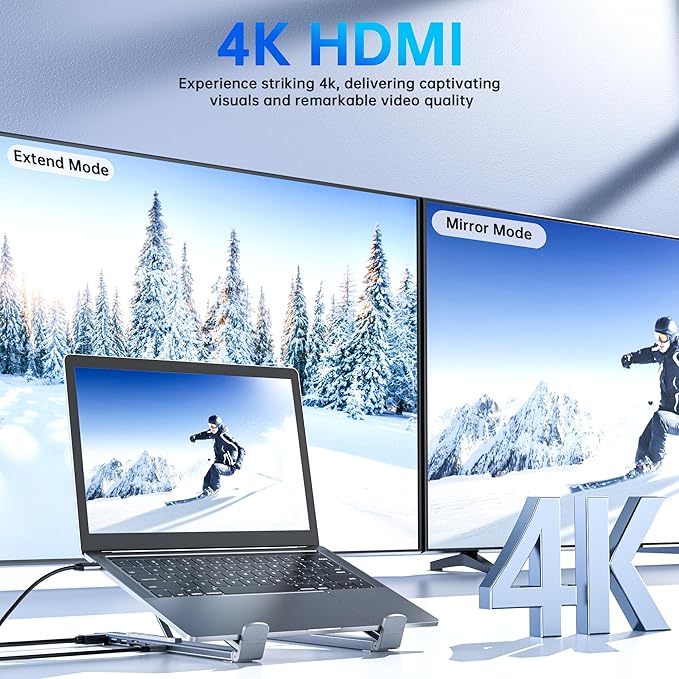 Laptop Stand with Docking Station, 8 in 1 USB C Hub HDMI Portable Laptop Stand for Desk with USB Ports, Multiport USBC Dock Stands Foldable Adjustable Computer Riser Holder Dongle for MacBook