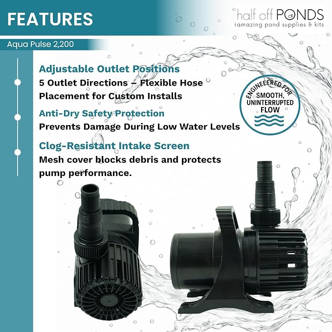 Aqua Pulse Submersible Pond Pump, 2,200 GPH, 20 ft Cord | 15 ft max head, 120W energy efficient, Ultra quiet, For koi ponds, Waterfalls, Fountains