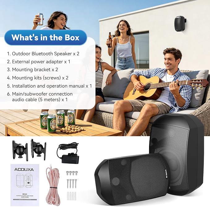 5.25 Inch Wall Mount Bluetooth 6.0 Outdoor Speaker,IP66 Waterproof Indoor/Outdoor Sound System,2-Way Woofer & Tweeter,600W Peak Wired Speakers for Pool,Patio,Garage,Home Theater(Pair,Black)
