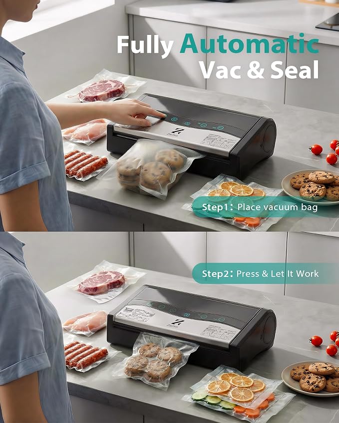 Vacuum Sealer for Food, 90kPa Auto Lock Food Sealer Machine, with Bag Rolls | Hands-free Auto Lock, 80+ Bags Continuous Sealing, 8mm Double Heat Seal for Moist Foods, Built in Cutter & Roll storage
