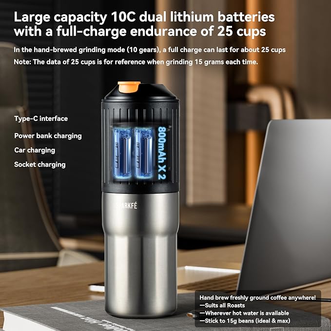 Portable Pour Over Coffee Maker, Rechargeable Electric Grinder with Stainless Steel Conical Burr, Integrated Hand Brew Kit with Stainless Steel Filter Dripper & Travel Mugs, for Camping, Outdoors