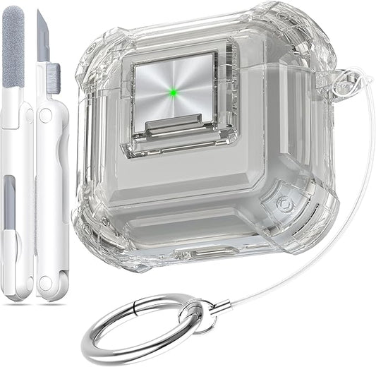 RFUNGUANGO AirPods 4 Case Clear with Lock Cleaning Kit, Lanyard & Keychain, Support Wireless Charging, Compatible with Apple AirPods 4 Case (2024) for Women Girl, Transparent Black