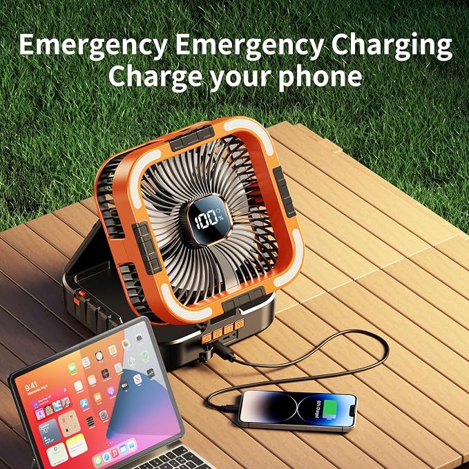 KIMMOO Solar Camping Fan with Light-10000mAh Rechargeable Portable, 6 Speeds, Digital Display, Timer, 120° Oscillation, Cordless Battery Powered Fan for Home Outdoor Tent Travel BBQ Fishing (Orange)