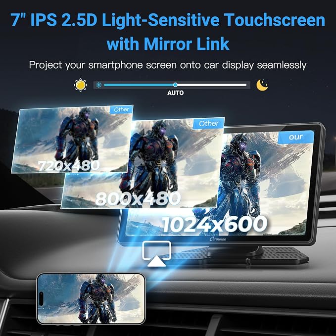 Carpuride W703 Wireless CarPlay for Apple CarPlay & Android Auto, 7" IPS Portable Car Audio Receivers with 4K Front and 1080P Backup Cam, Loop Recording/Mirror Link/Light & G-Sensor/Siri/Navigation/FM