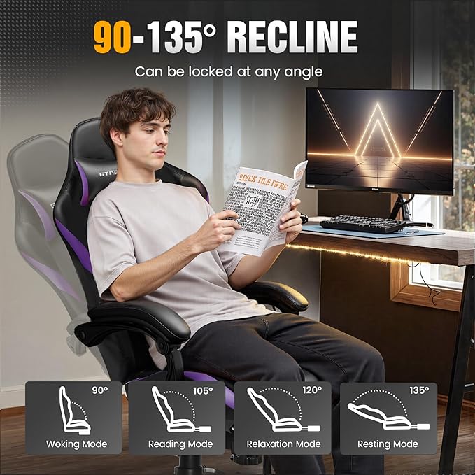 GTPLAYER Gaming Chair with Foot Rest & Pocket Spring Cushion, Ergonomic High Back Computer Chair with Headrest & 360°-Swivel Seat for Home Office Desk, PU Leather, Purple