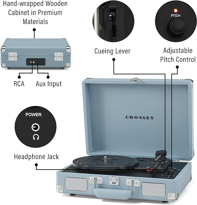 Crosley CR8005F-TN Cruiser Plus Vintage 3-Speed Bluetooth in/Out Suitcase Vinyl Record Player Turntable, Tourmaline