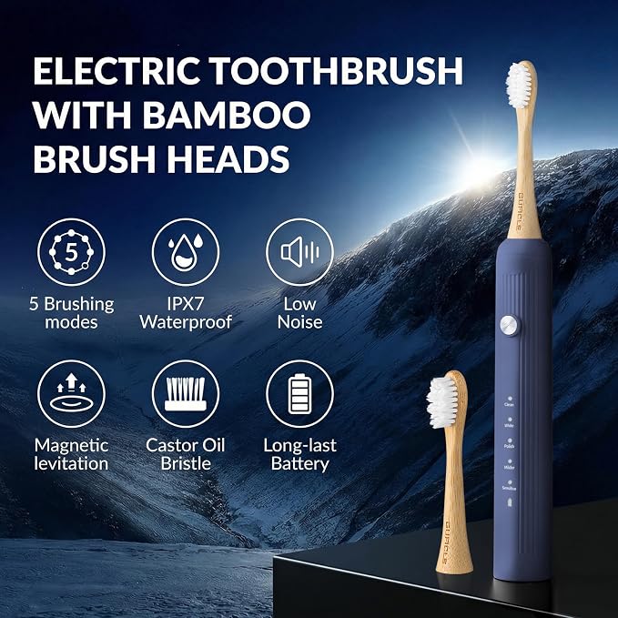 Bamboo Electric Toothbrush for Adults，Sonic Electric Toothbrush with 4 Bamboo Heads, Soft Castor Oil Bristles, 5 Modes, Smart Timer, Sonic Technology, IPX7 Waterproof, 70-Day Battery Life-Navy