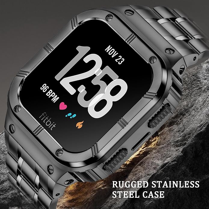 BAITEYOU Stainless Steel Watch Band with Case Compatible for Fitbit Versa/Fitbit Sense Bands, Rugged Protective Bumper Metal Wristbands for Men Women