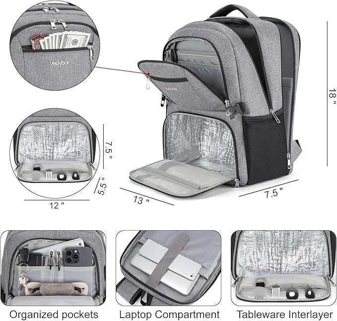 Insulated Lunch Backpack Fit 17" Laptop, Work Backpack with Lunch Box for Men & Women, Water Resistant College Computer Bag for Travel, Business, Hiking