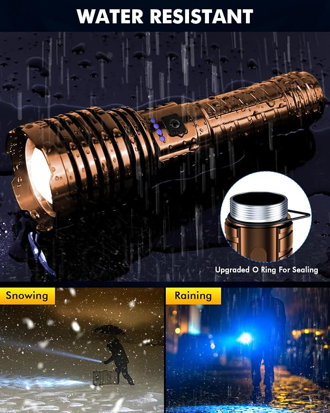 baibian Rechargeable Flashlight 100,000 High Lumens, Super Bright Flashlights high Powered, Handheld Waterproof Tactical LED Flashlight-Zoomable 5 Modes-31H Runtime for Emergency Camping (Coffee)
