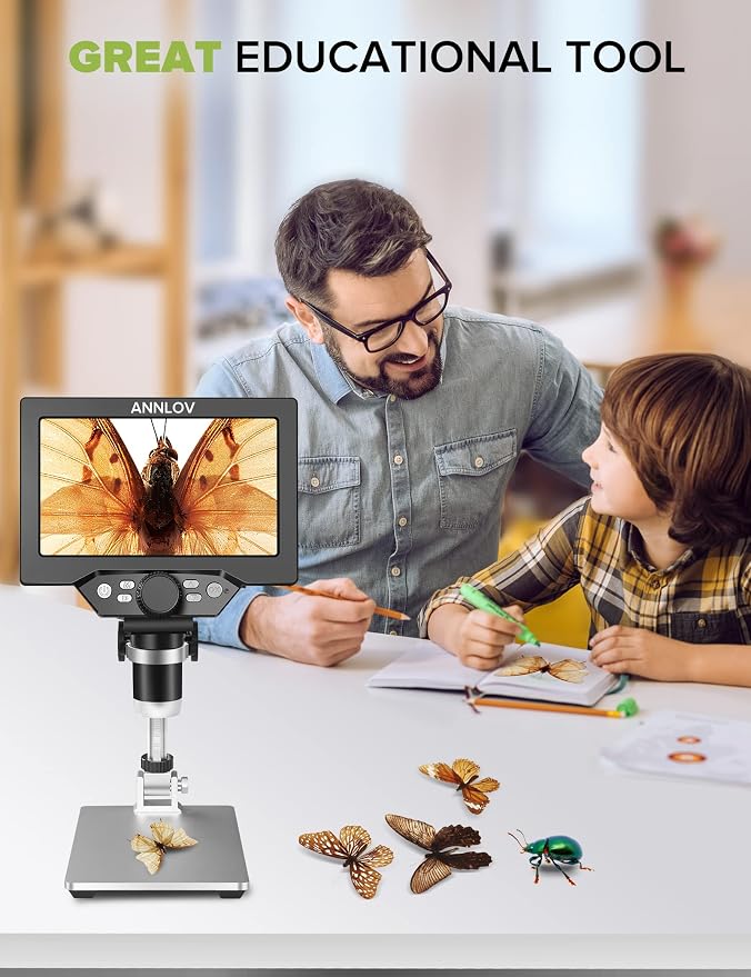 7" LCD Digital Microscope ANNLOV 1200X Maginfication 1080P Coin Microscope with Metal Stand,12MP Ultra-Precise Focusing Video Camera for Adults,8 LED Fill Lights Windows/Mac Compatible