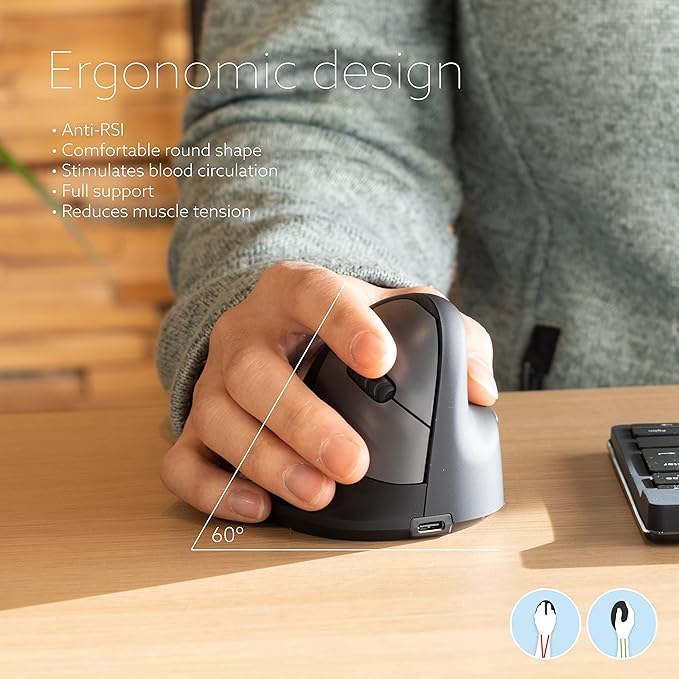 R-Go HE Ergonomic Mouse, Bluetooth 5.0, Silent Click, Vertical design, With Break Software, Prevents Tennis Elbow/RSI Arm, Rechargeable, For Windows/Mac, 5 Buttons, Black