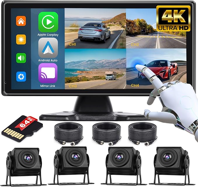 Inefala 4K RV Backup Camera System with Wireless CarPlay Android Auto, 10.36" Quad Split Touch Screen Monitor with 4 AHD Rear View Camera, DVR Loop Recording IP68 Waterproof Night Vision