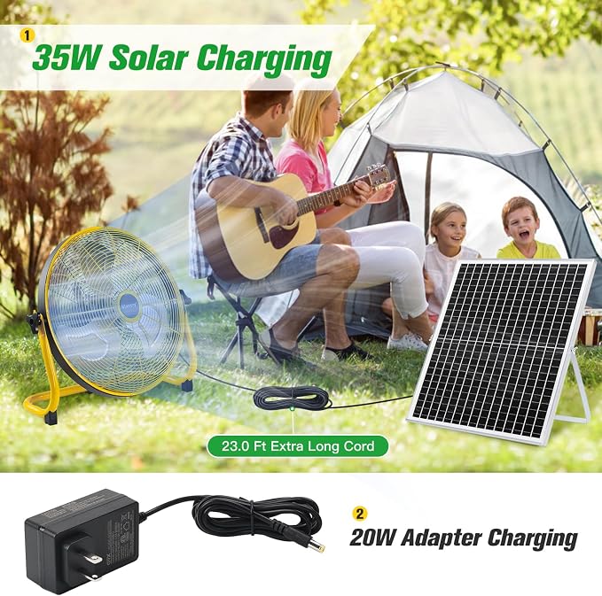 blessny 12" Solar Rechargeable Floor Fan with 35W Solar Panel for Home Outdoor Camping Gazebo Greenhouse Barn Poultry Pet House Cooling or Air Circulation, 23 Ft Long Cord