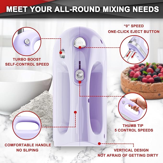 Lord Eagle Hand Mixer Electric Handheld 400W, 5-Speed Lightweight Kitchen Mixer with Storage Case, 5 Stainless Steel Attachments for Baking Cake Egg Cream Food Beater, Turbo+Eject Button, Purple