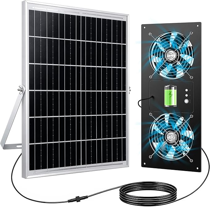 ropelux Solar Fan for Chicken Coop, Solar Powered Dual Exhaust Fans with 18000mAh Battery & 2 Timers, 24/7 Strong Airflow Cooling Ventilation for Greenhouses, Dog Houses, Attics, Sheds, Cabins