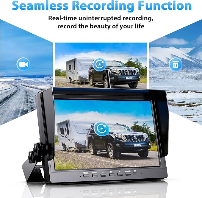 eRapta HD 1080P 10" Wireless Backup Camera System 10-inch for RV Truck Trailer Van Quad Split Monitor with Recording, IP69 Waterproof Rear View Side View Cameras, Digital Signal Parking Lines AWX103