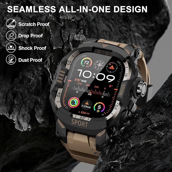 DABAOZA Rugged Case with Band Screen Protector Compatible with Apple Watch 49mm, for iWatch Ultra 3/2/1,Military Grade Shockproof Bumper and Men's Tactical Heavy Duty Strap(Desert Tan,49MM)