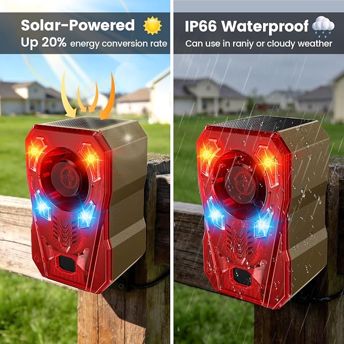 Upgraded Solar Motion Sensor Alarm Outdoor, Radar + IR Dual Detection, 130dB Dog Bark & Strobe Light to Deter Deer, 10 Sounds Available, IP65 Waterproof Motion Detector for Garden Yard Farm
