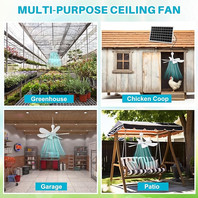 Tujoe 1 Set Solar Powered Ceiling Fan Kit for Outdoor,Portable 15W Solar Panel Powered USB Small Hanging Fan,Dual Charging Modes,for Chicken Coop, Tent,Greenhouse, Shed, Gazebo