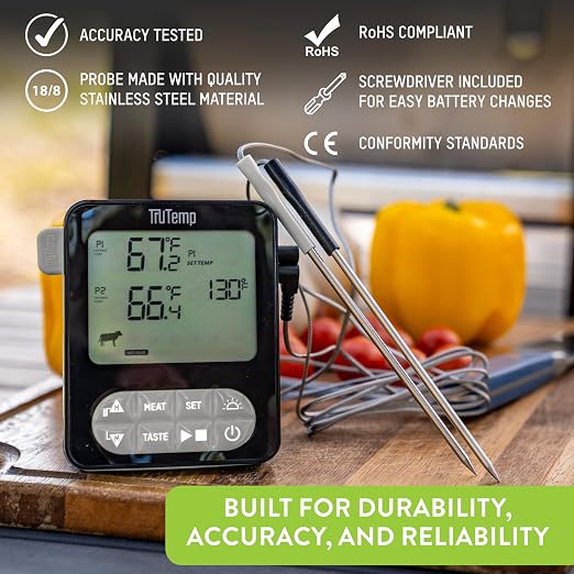 Taylor TruTemp Dual Probe Wired Programmable Meat & Food Thermometer, Digital, Monitor Two Dishes, Baking, Grilling, Roasting, User-Friendly, Backlit, Gray