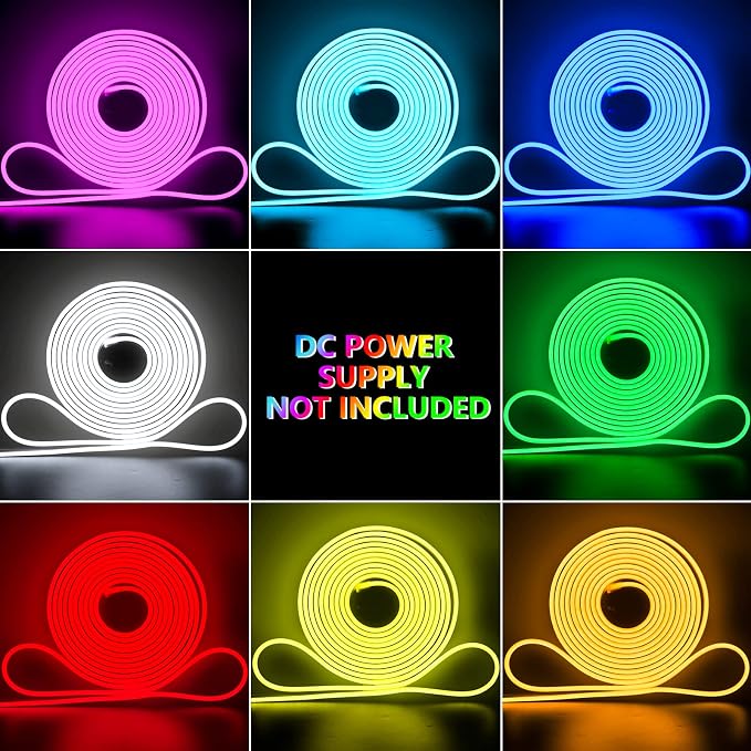 Shine Decor 12V LED RGB Neon Rope Lights Dimmable, 16.4FT Silicone Strip Lighting Remote Control, Flexible Hardwired LED Neon Light Color Changing for Custom Signage Bedroom Gaming Room Party