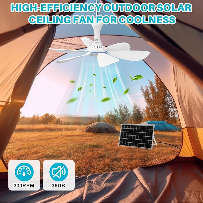 Tujoe 1 Set Solar Powered Ceiling Fan Kit for Outdoor,Portable 15W Solar Panel Powered USB Small Hanging Fan,Dual Charging Modes,for Chicken Coop, Tent,Greenhouse, Shed, Gazebo