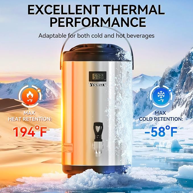 Commercial Insulated Beverage Dispenser with Stand, 2 Gallon Hot Water Dispenser, Hot & Cold Drink Dispenser Temperature Display, for Tea,Coffee(Silver)