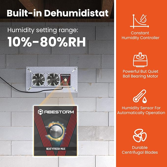 Abestorm Crawlspace Ventilation Fan with Humidistat, Basement Vent Fans with Dehumidistat & Freeze Protection Thermostat, Dual Air Vent Fan for Basement/Kitchen (220 CFM Airflow)