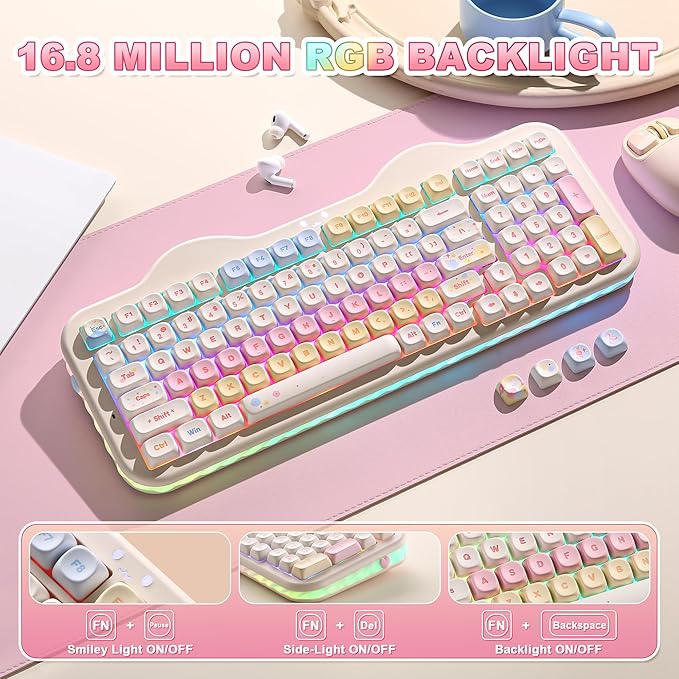 YUNZII C98 Wireless Mechanical Keyboard with Number Pad,99 Key BT5.0/2.4G/USB-C Hot Swap Gasket Mount with PBT MOA Keycaps,Custom RGB,Cute Cake Keyboard for Win/Mac (Beige, Candy Linear Switch)