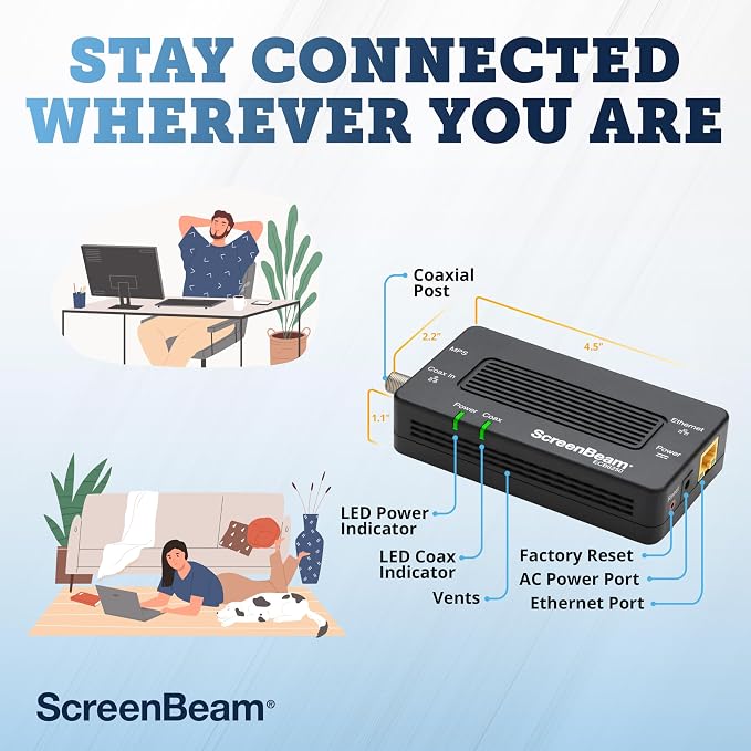 ScreenBeam MoCA 2.5 Network Adapter for Higher Speed Internet, Ethernet Over Coax - Single Add-On Adapter for Existing MoCA Network (Model: ECB6250S02), Black