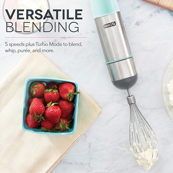 Dash Chef Series Immersion Hand Blender, 5 Speed, 330W Handheld Stick Blender with Whisk Attachment, Stainless Steel Blades for Soups, Sauces, Smoothies & Purées - Aqua