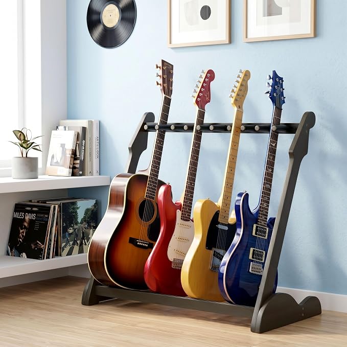 Guitar Stand Rack, Multi-Guitar Display Rack Adjustable Bamboo Guitars Holder Electric Guitar Stands Floor Storage for Bass Acoustic, Home Studio, Band Stage (Black-B)