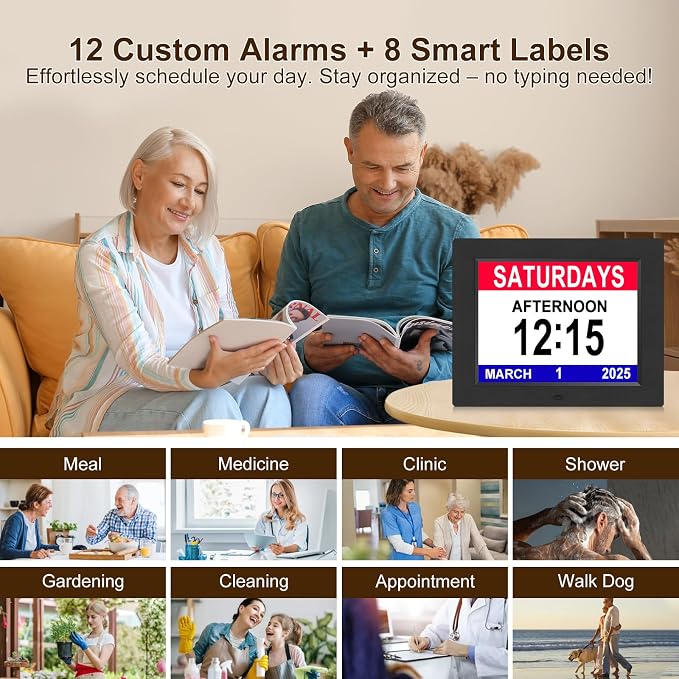 KASTISS 8 Inch Digital Calendar Alarm Day Clock, Large Digital Clock Easy-to-Read, Impaired Vision People, 12 Customizable Alarms, Dementia, Alzheimer’s, Elderly Care & Bedroom/Kitchen (Black)
