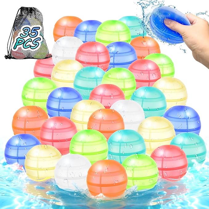 Reusable Water Balloons for Kids & Adults, 35 Pack Refillable Silicone Water Balloons – Quick Fill, Auto Sealing Water Balloon for Pool, Summer Toys Beach Toys for Outdoor Idea Gift, Party Supplies