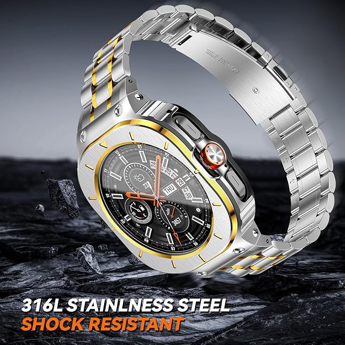 BAITEYOU Stainless Steel Bands with Case Compatible with Samsung Galaxy Watch Ultra 2/1 47mm (2025 2024), Rugged Protector Cover Metal Band for Galaxy Watch 7 8 Ultra for Men (Silver & Gold)