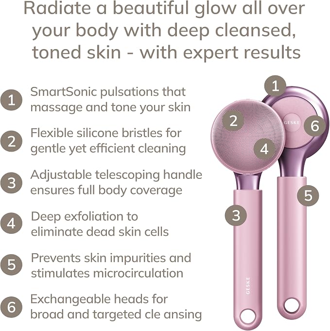 GESKE Sonic Full-Body Brush & Intensive Exfoliator | 8 in 1 | Electric Body Cleansing Brush | With SmartSonic Pulsations | Deep Cleansing, Exfoliation, Massage | Extendable Handle | Rough Skin Remover