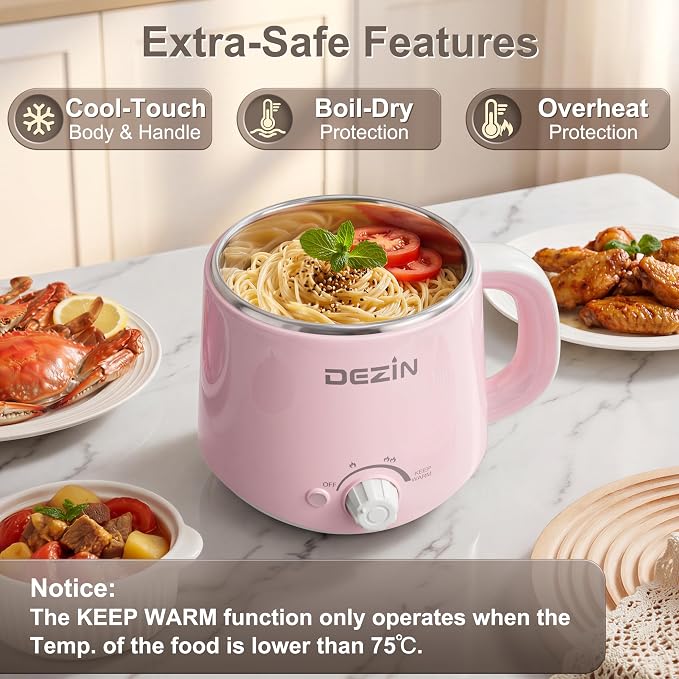 Dezin Hot Pot Electric, Rapid Noodles Cooker, Stainless Steel Electric Pot 1.6 Liter, Perfect for Ramen, Egg, Pasta, Dumpling, Soup, Porridge, Oatmeal with Temperature Control and Keep Warm Function