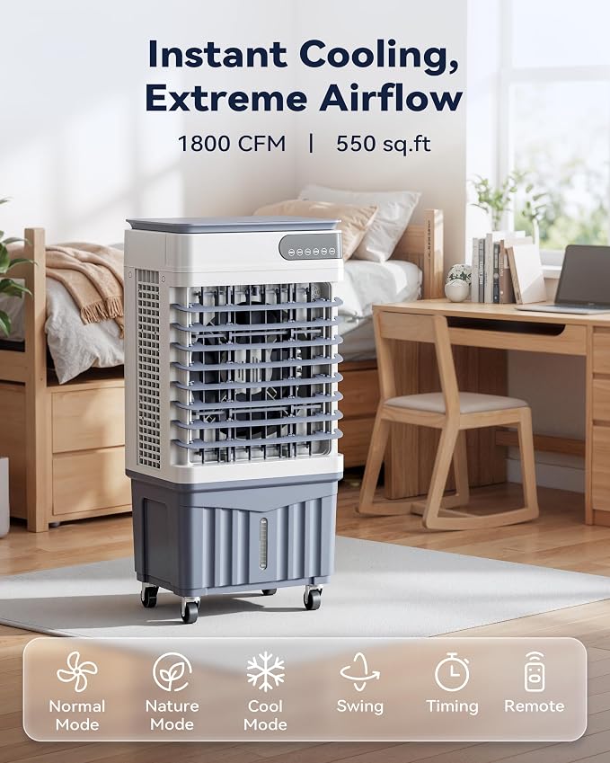 Swamp Cooler Air Conditioners, 1800 CFM Large Water Tank for 24/7 Cooling, 4-IN-1 Portable Evaporative Cooler with LED Display, Remote, 3 Speeds and 12HTimer, Cooling Fan for Large Rooms, 5.4 Gal