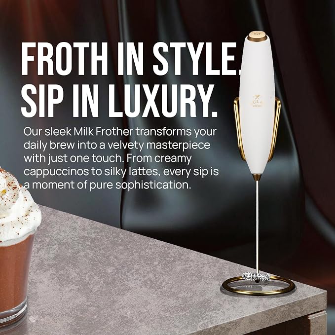 Zulay Kitchen Powerful Milk Frother Wand With Duracell Batteries - Ultra Fast Handheld Drink Mixer - Electric Whisk Foam Maker for Coffee, Lattes, Cappuccino & Matcha - Z1 Motor - Exec White Gold