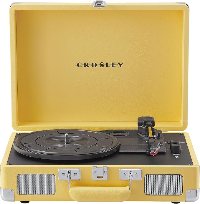 Crosley CR8005F-LY Cruiser Plus Vintage 3-Speed Bluetooth in/Out Suitcase Vinyl Record Player Turntable with Built-in Speakers, Lemon Yellow