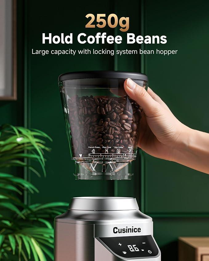 Conical Burr Coffee Grinder for Home Use, Anti-Static Espresso Grinder with 34 Grind Settings, 40mm Stainless Steel Burr, 0.1s Timer, Portafilter Holder, Touchscreen, Silver