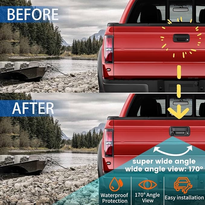 EWAY Tailgate Handle Rear Backup Camera for 2004-2016 Ford F150 F250 F350 F450 F550 Super Duty Explorer Lobo, Lincoln Mark LT Tailgate Latch Door Handle Reverse Back Up Camera RCA Connector w/Key Hole