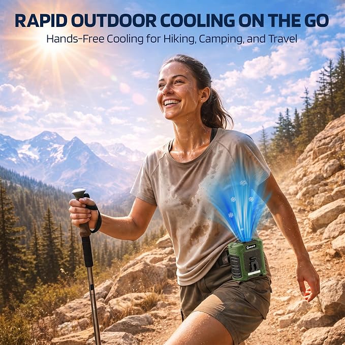 Waist Fan, 10000mAh Rechargeable Belt Clip Fan, 59ft/s Airflow, 18500RPM 6-Speed, Up to 35H, 8-in-1 Hands-Free Personal Cooling with Bottom Air Intake, LED SOS Light for Camping, Travel, Jobsite