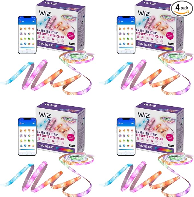 WiZ Connected 16.4 ft LED Light Strip for Your Smart Home - Flowing Multicolor LED, Color-Changing, Cuttable - Voice/App Control - Works with Google Home, Alexa and HomeKit (Pack of 4)