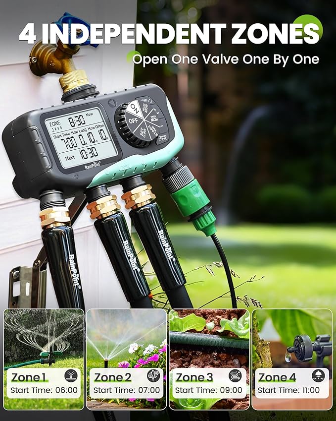 RAINPOINT Sprinkler Timer, 4 Outlets Hose Timer with Brass Inlet with Rain Delay/Manual/Automatic Controller System, Programmable Digital for Lawn Yard, 4 Zone (Sky Blue, 4 Outlets)